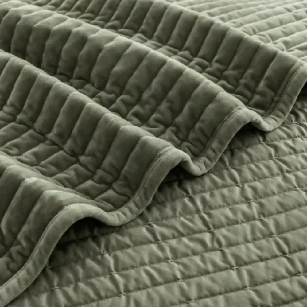 🆕 Luxury Velvet Quilt Coverlet Set Olive Green King Hotel Bedding NEW NWT